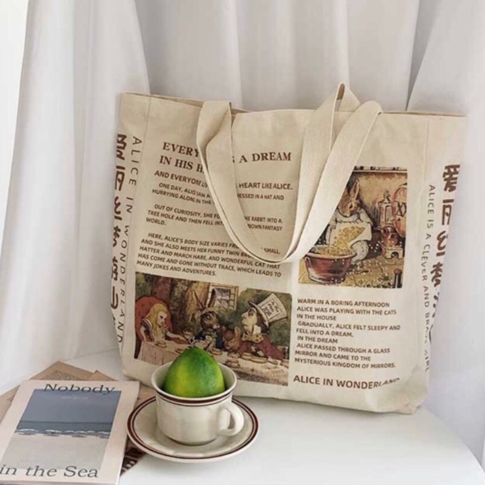 Alice and wonderland canvas tote bag womens cream shoulder bag print